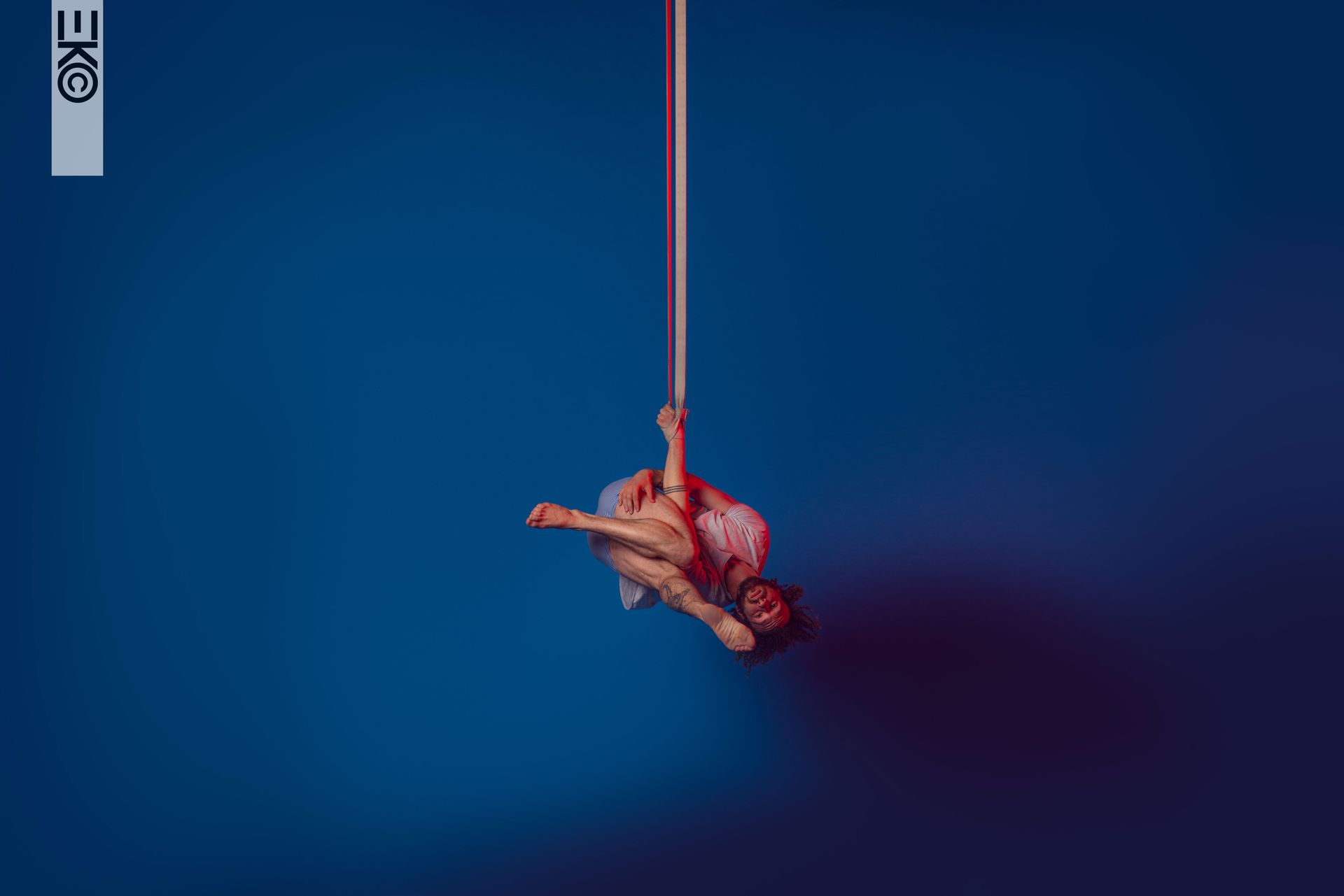 Nikolas Pulka, aerial straps, aerialist, blue background, eko, Einar Kling Odencrants